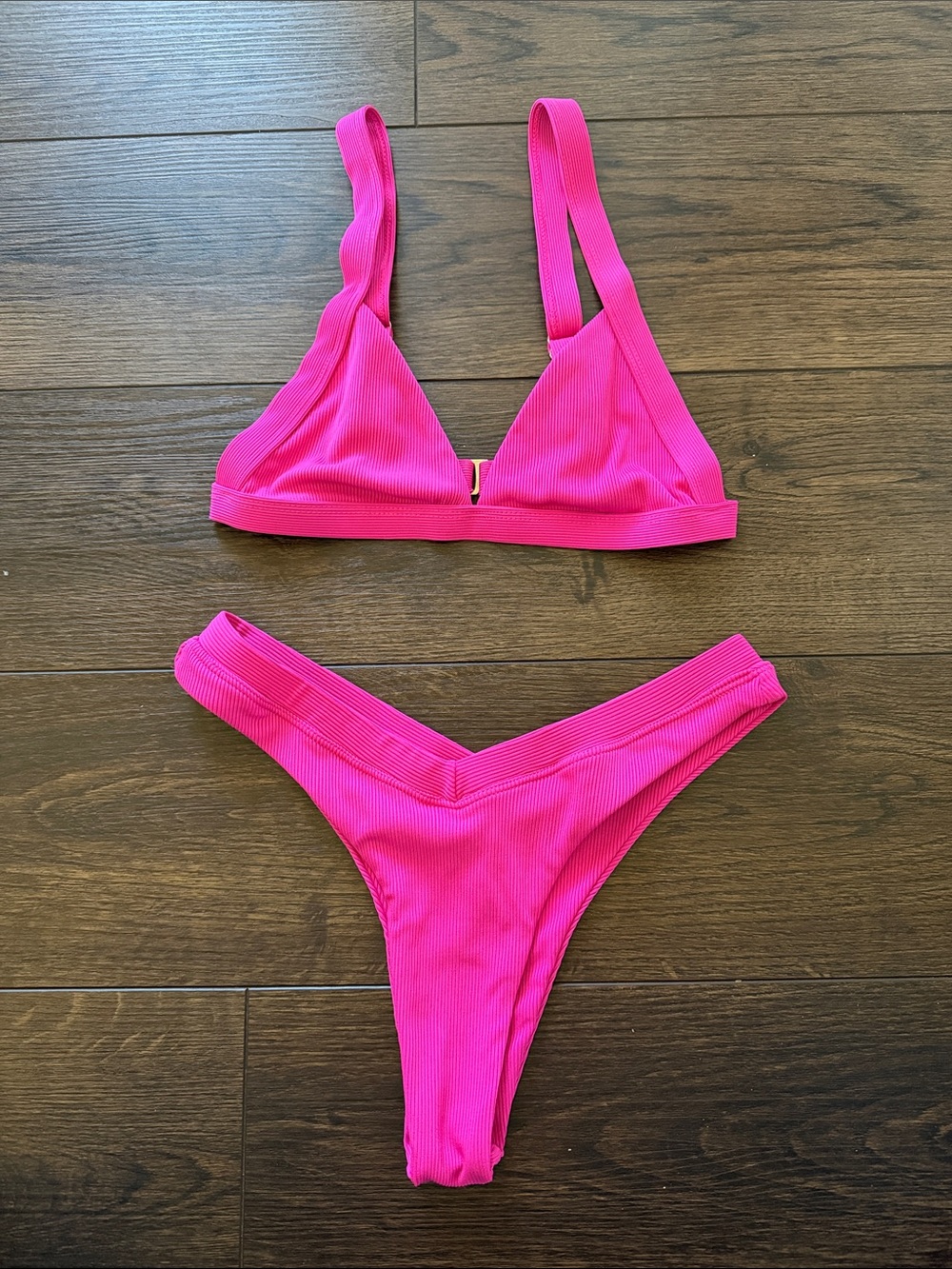 ROMWE Neon Pink Ribbed Two-Piece Bikini